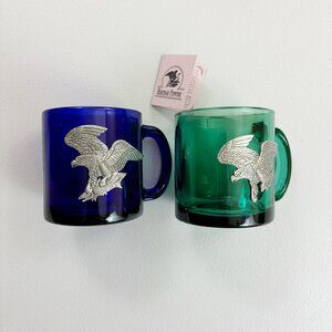 HERITAGE PEWTER Eagle Coffee Mugs Set Of 2 Glass Jade Cobalt Patriotic Woodland